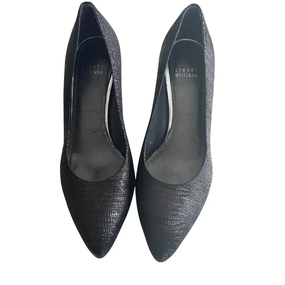 Stuart Weitzman Black Curvia Textured Pointed Toe Heeled Pumps Size 7.5M